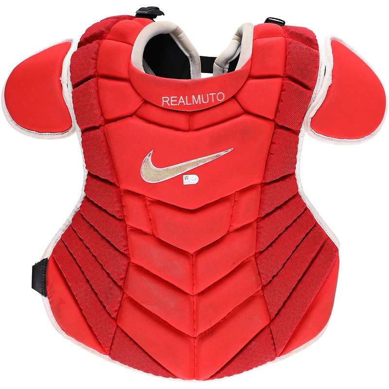 J.T. Realmuto Philadelphia Phillies Game-Used Red Nike Chest Protector vs. Atlanta Braves on August 31, 2024