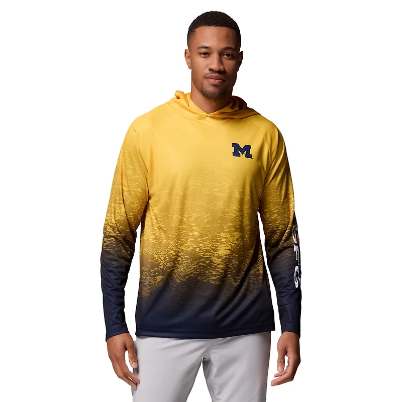 Men's Columbia  Maize Michigan Wolverines PFG Gradient Water Super Terminal Tackle Hoodie Omni-Wick T-Shirt