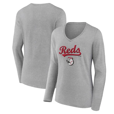 Women's Gray Cincinnati Reds Team Lockup Long Sleeve V-Neck T-Shirt