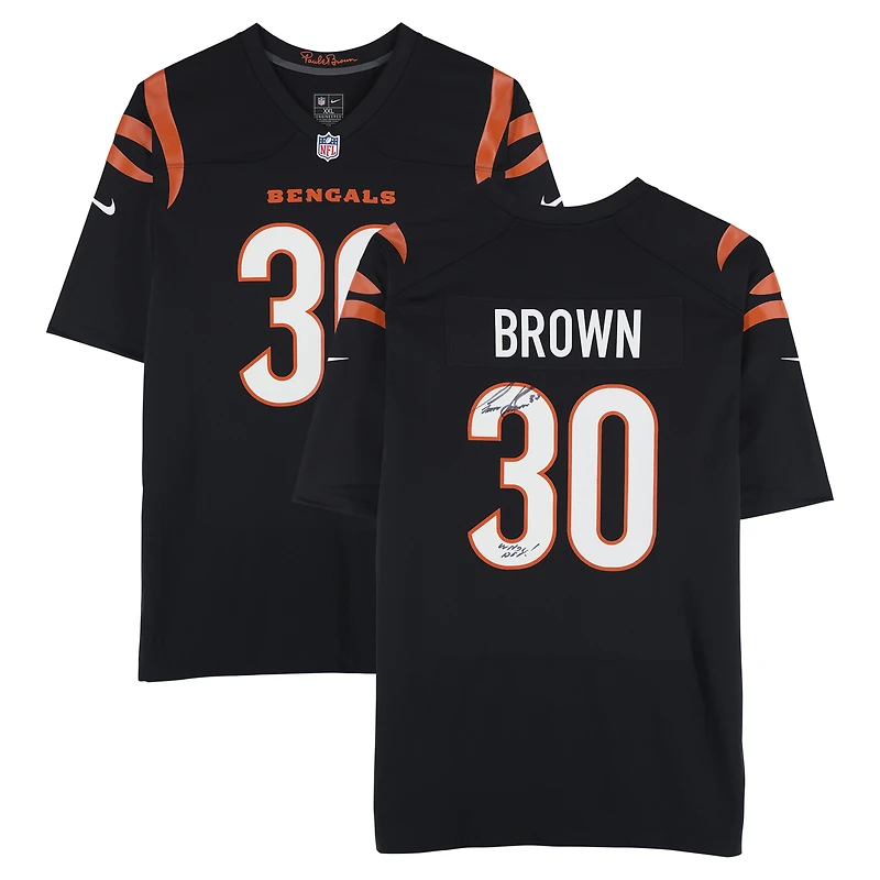 Chase Brown Cincinnati Bengals Autographed Black Nike Game Jersey with "Who Dey!" Inscription
