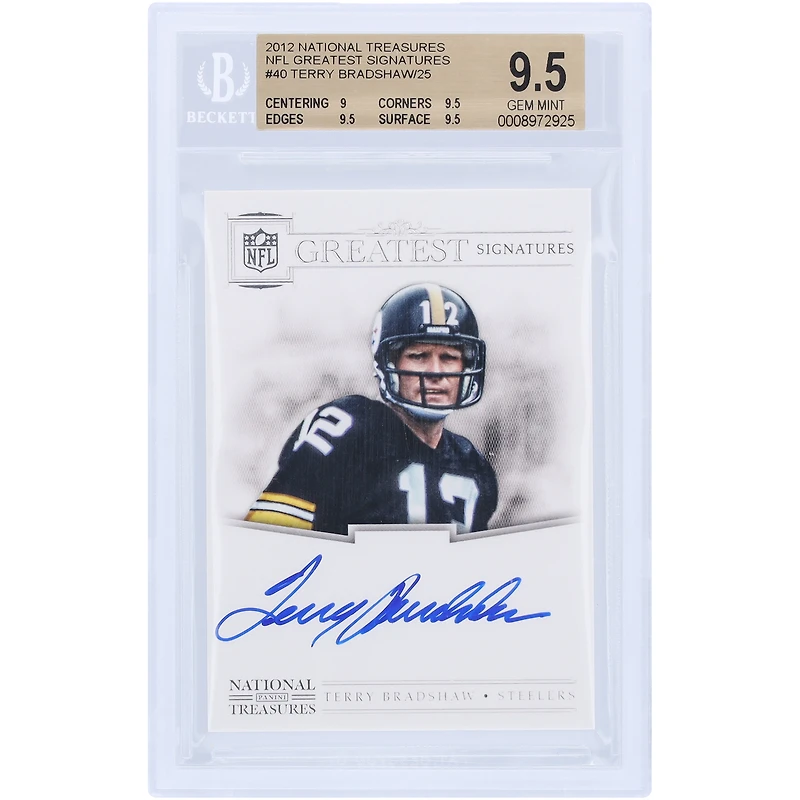 Terry Bradshaw Pittsburgh Steelers Autographed 2012 Panini National Treasures NFL Greatest #40 #12/25 BGS Authenticated 9.5/10 Card - 9,9.5,9.5,9.5 Subgrades