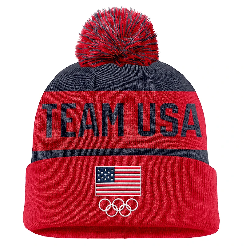 Unisex Nike Red Team USA Peak Stripe Cuffed Knit Hat with Pom