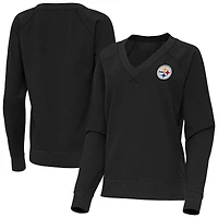 Women's Antigua Heather Black Pittsburgh Steelers Varsity Tri-Blend V-Neck Long Sleeve T-Shirt