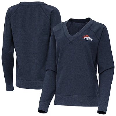Women's Antigua Heather Navy Denver Broncos Varsity Tri-Blend V-Neck Long Sleeve T-Shirt