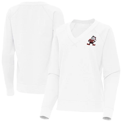 Women's Antigua White Cleveland Browns Varsity Tri-Blend V-Neck Long Sleeve T-Shirt