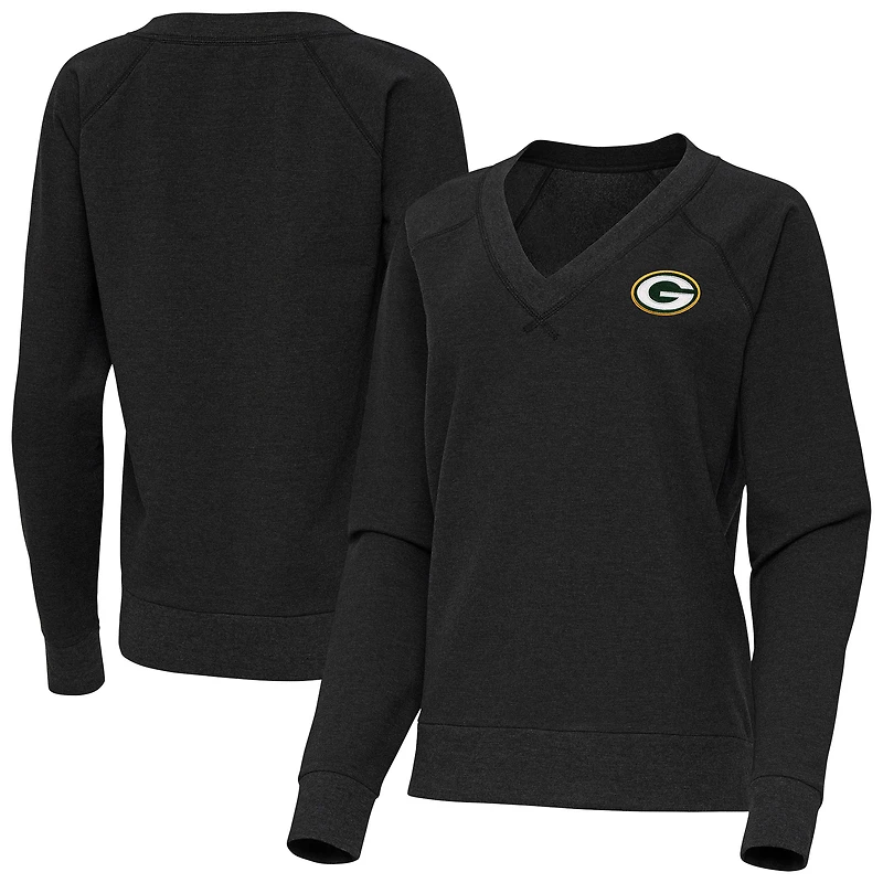 Women's Antigua Heather Black Green Bay Packers Varsity Tri-Blend V-Neck Long Sleeve T-Shirt
