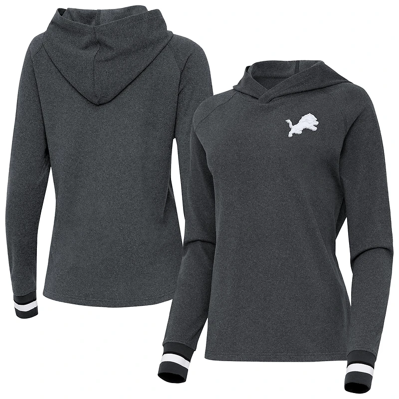 Women's Antigua Heather Charcoal Detroit Lions Trek Raglan Pullover Hoodie