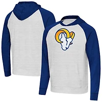 Men's Antigua Heather Gray/Heather Royal Los Angeles Rams Urgent Raglan Pullover Hoodie
