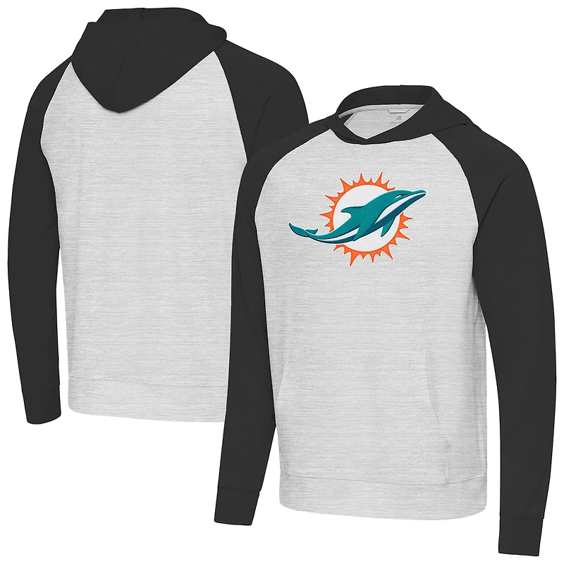 Men's Antigua Heather Gray/Black Miami Dolphins Urgent Raglan Pullover Hoodie