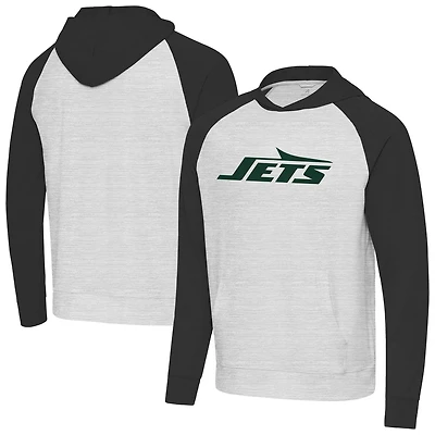 Men's Antigua Heather Gray/Black New York Jets Urgent Raglan Pullover Hoodie