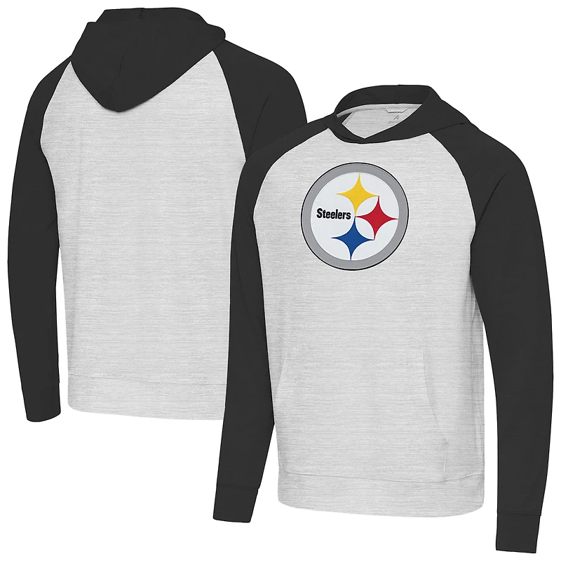 Men's Antigua Heather Gray/Black Pittsburgh Steelers Urgent Raglan Pullover Hoodie