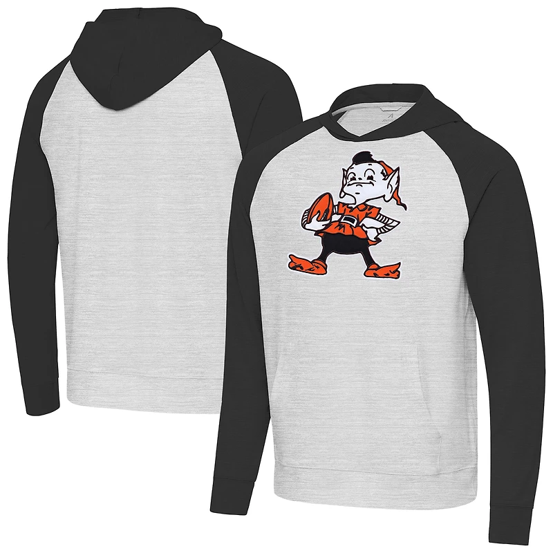 Men's Antigua Heather Gray/Black Cleveland Browns Throwback Urgent Raglan Pullover Hoodie