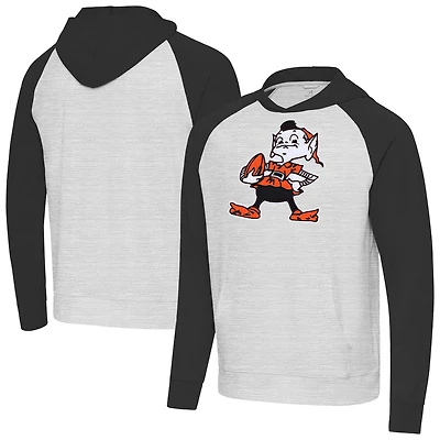 Men's Antigua Heather Gray/Black Cleveland Browns Throwback Urgent Raglan Pullover Hoodie