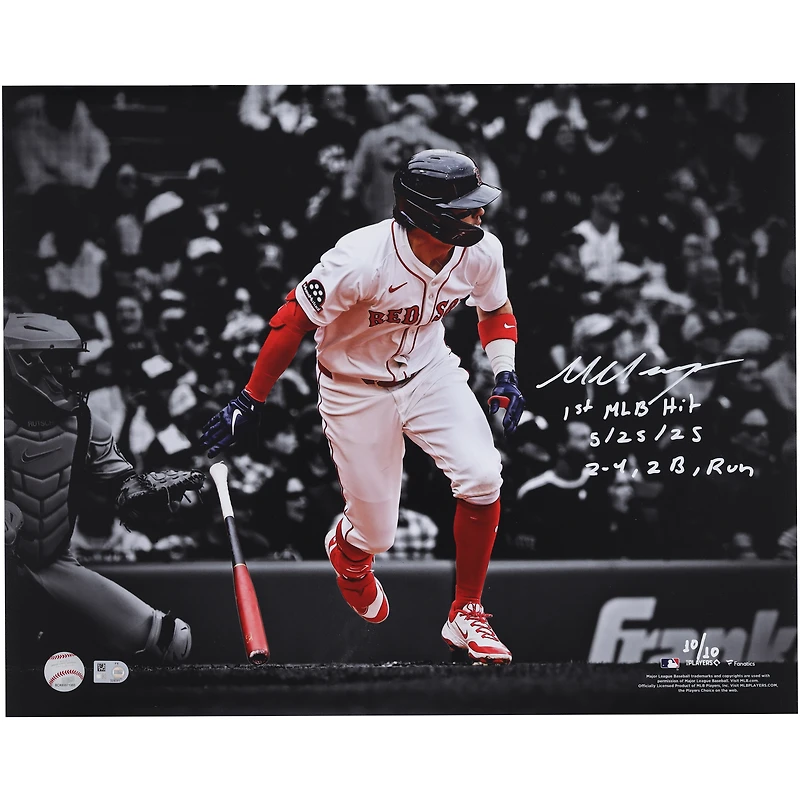Marcelo Mayer Boston Red Sox Autographed 16" x 20" MLB Debut Spotlight Photograph with "1st MLB Hit 5/25/25" & "2-4, 2 B, Run" Inscriptions - Limited Edition #10/10
