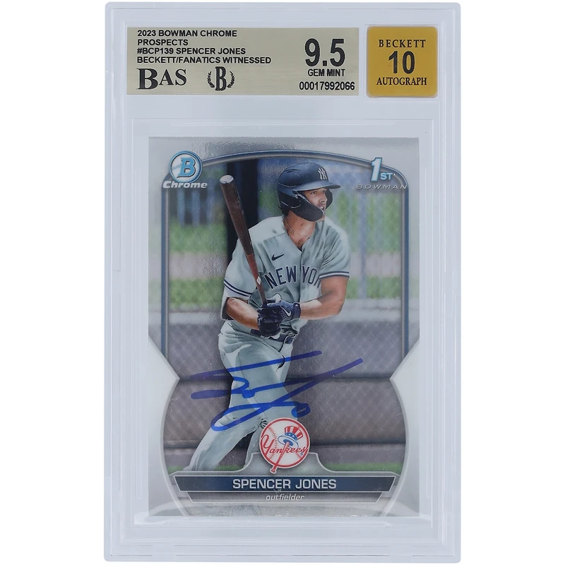 Spencer Jones New York Yankees Autographed 2023 Bowman Chrome Prospects 1st Bowman #BCP-139 Beckett Fanatics Witnessed Authenticated 9.5/10 Card