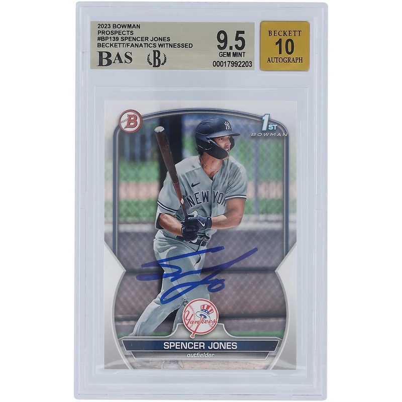 Spencer Jones New York Yankees Autographed 2023 Bowman Prospects 1st Bowman #BP-139 Beckett Fanatics Witnessed Authenticated 9.5/10 Card