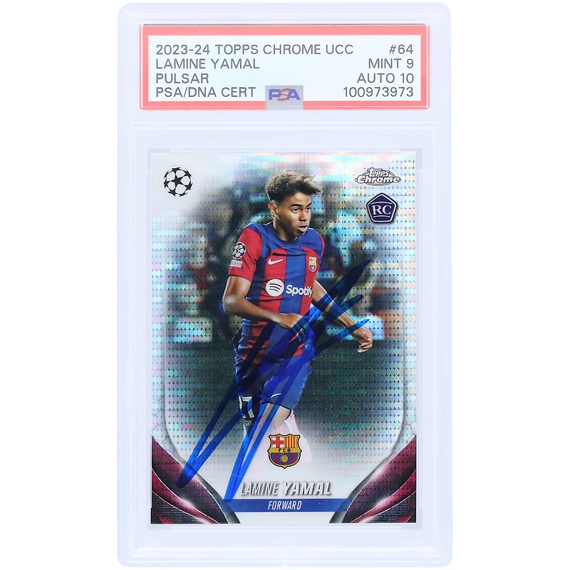 Lamine Yamal Barcelona Autographed 2023-24 Topps Chrome UCC Pulsar #64 PSA Authenticated 9/10 Rookie Card