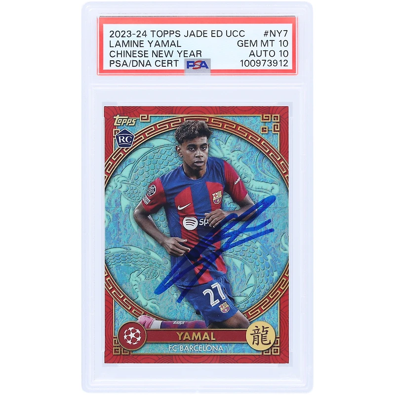 Lamine Yamal Barcelona Autographed 2023-24 Topps Jade Edition UCC Chinese New Year #NY-7 PSA Authenticated 10/10 Rookie Card
