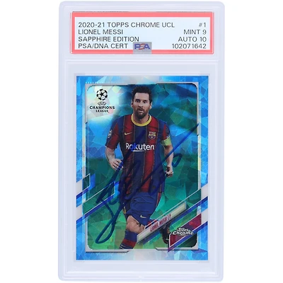 Lionel Messi Barcelona Autographed 2020-21 Topps Chrome UCL Sapphire Edition #1 PSA Authenticated 9/10 Card