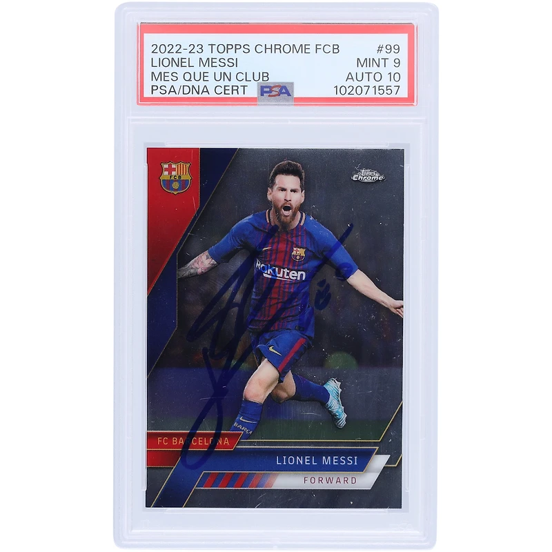 Lionel Messi Barcelona Autographed 2022-23 Topps Chrome FCB Mes que un club #99 PSA Authenticated 9/10 Card