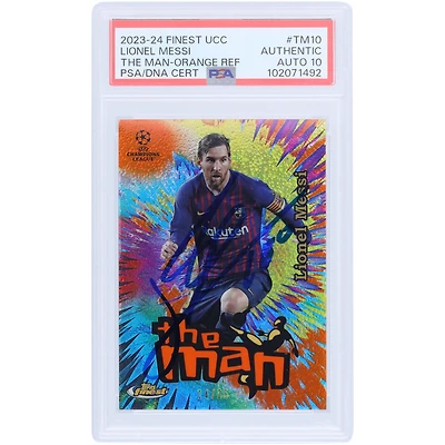 Lionel Messi Barcelona Autographed 2023-24 Topps Finest UCC The Man Orange Refractor #TM-10 #14/25 PSA Authenticated Auto 10 Card