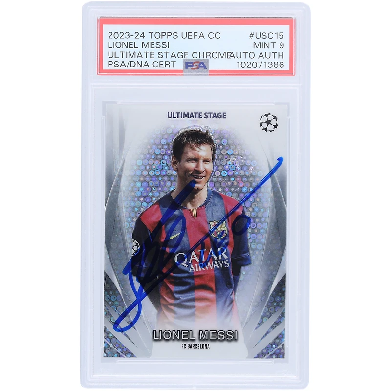 Lionel Messi Barcelona Autographed 2023-24 Topps Chrome UEFA Ultimate Stage #USC-15 PSA Authenticated Mint 9 Card