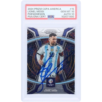 Lionel Messi Argentina National Team Autographed 2024 Panini Prizm Copa America Phenomenon #15 PSA Authenticated 10/10 Card