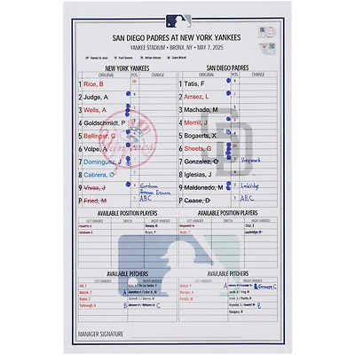 New York Yankees Game-Used Lineup Card vs. San Diego Padres on May 7, 2025