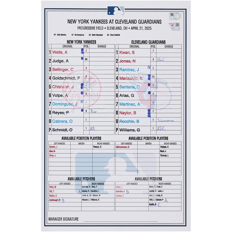 New York Yankees Game-Used Lineup Card vs. Cleveland Guardians on April 21, 2025