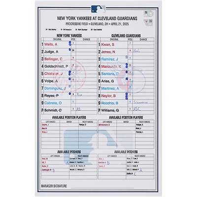 New York Yankees Game-Used Lineup Card vs. Cleveland Guardians on April 21, 2025