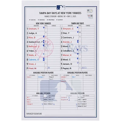 New York Yankees Game-Used Lineup Card vs. Tampa Bay Rays on May 2, 2025