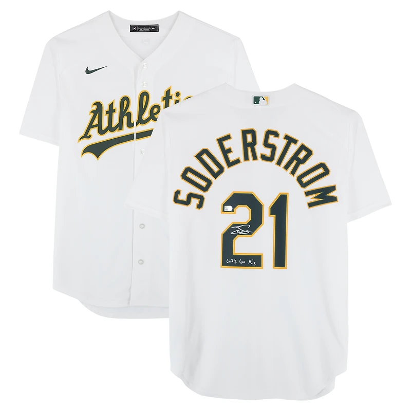 Tyler Soderstrom Athletics Autographed White Nike Replica Jersey with "Let's Go A's" Inscription