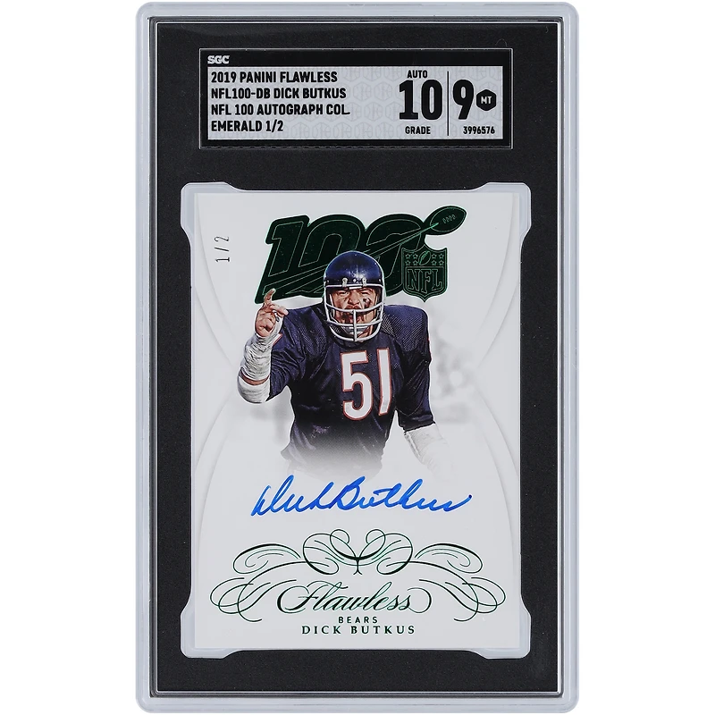 Dick Butkus Chicago Bears Autographed 2019 Panini Flawless Emerald NFL 100 Autograph Collection #NFL100-DB #1/2 SGC Authenticated 9/10 Card