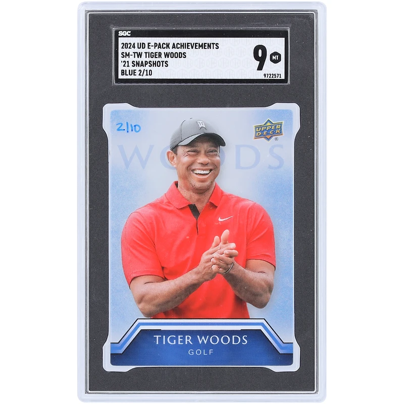 Tiger Woods 2024 Upper Deck E-Pack Achievements Blue '21 Snapshots #SM-TW #2/10 SGC Authenticated 9 Card