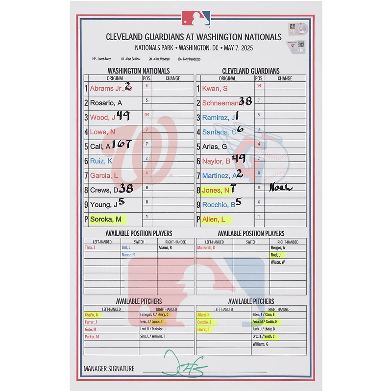 Washington Nationals Game-Used Lineup Card vs. Cleveland Guardians on May 7, 2025