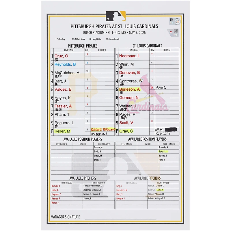 Pittsburgh Pirates Game-Used Lineup Card vs. St. Louis Cardinals on May 7, 2025