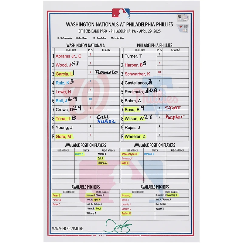 Washington Nationals Game-Used Lineup Card vs. Philadelphia Phillies on April 29, 2025