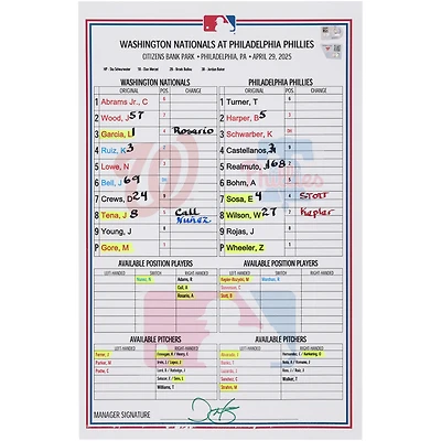 Washington Nationals Game-Used Lineup Card vs. Philadelphia Phillies on April 29, 2025