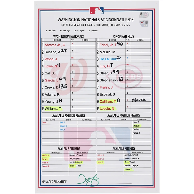 Washington Nationals Game-Used Lineup Card vs. Cincinnati Reds on May 3, 2025