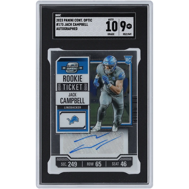 Jack Campbell Detroit Lions Autographed 2023 Panini Contenders Optic Rookie Ticket Autograph #173 SGC Authenticated 9/10 Rookie Card