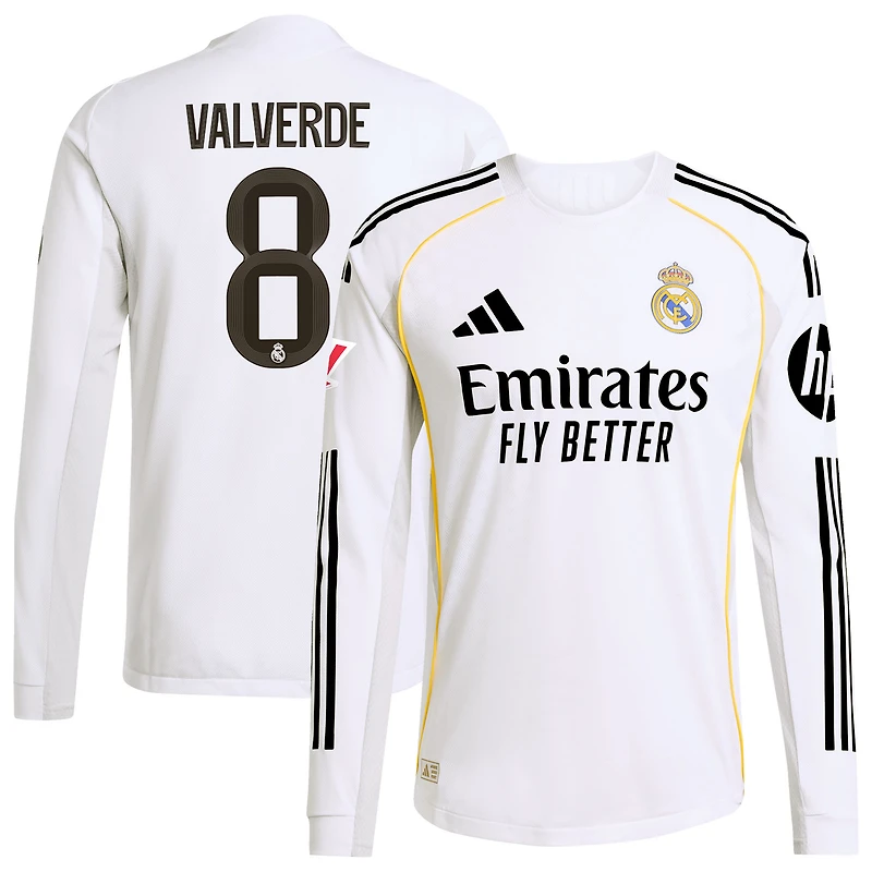 Men's adidas Federico Valverde White Real Madrid 2025/26 Home Authentic Long Sleeve Jersey