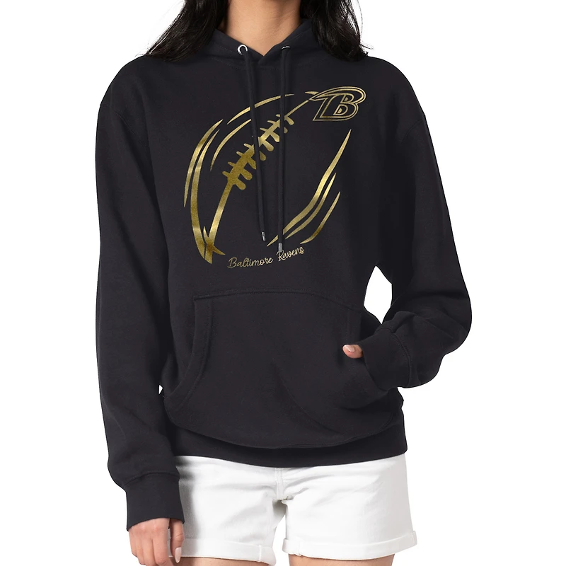Women's G-III 4Her by Carl Banks Black Baltimore Ravens Metallic Print Football Sketch Fleece Pullover Hoodie