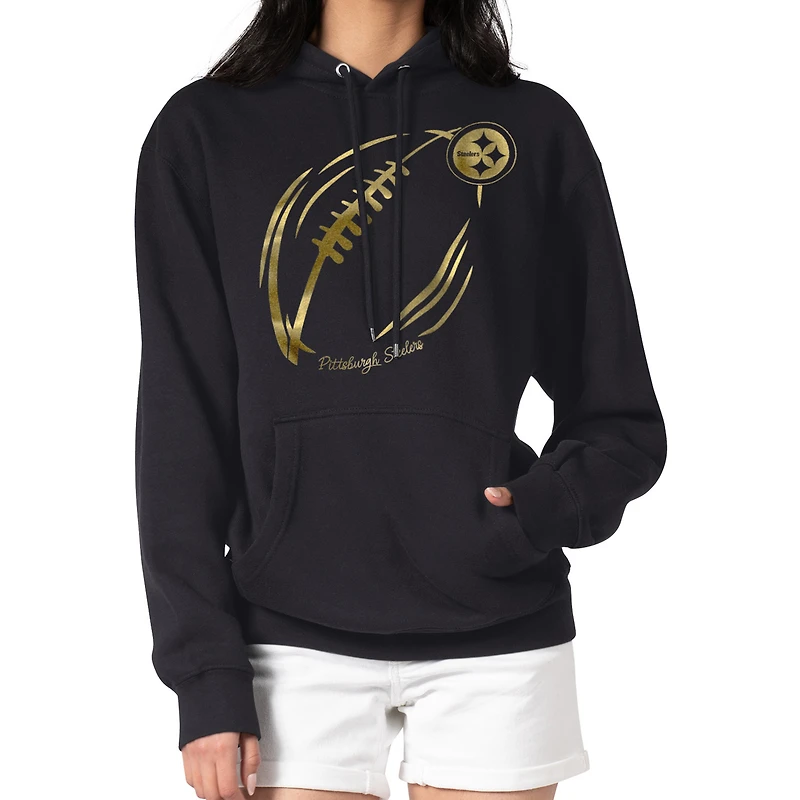 Women's G-III 4Her by Carl Banks Black Pittsburgh Steelers Metallic Print Football Sketch Fleece Pullover Hoodie