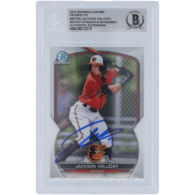 Jackson Holliday Baltimore Orioles Autographed 2023 Bowman Chrome Prospect #BCP-20 Beckett Fanatics Witnessed Authenticated Card