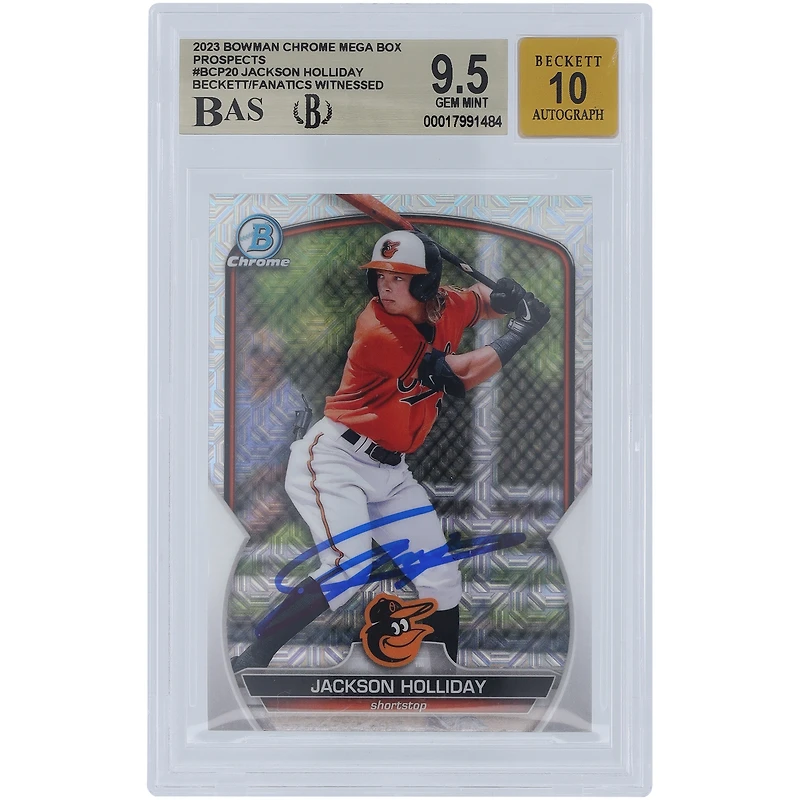 Jackson Holliday Baltimore Orioles Autographed 2023 Bowman Chrome Prospect Mega Box #BCP-20 Beckett Fanatics Witnessed Authenticated / Card