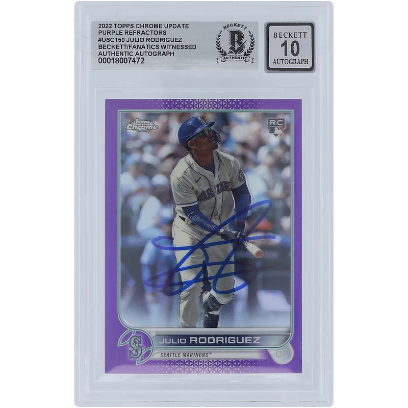 Julio Rodriguez Seattle Mariners Autographed 2022 Topps Chrome Update Purple Refractors #USC150 Beckett Fanatics Witnessed Authenticated 10 Rookie Card