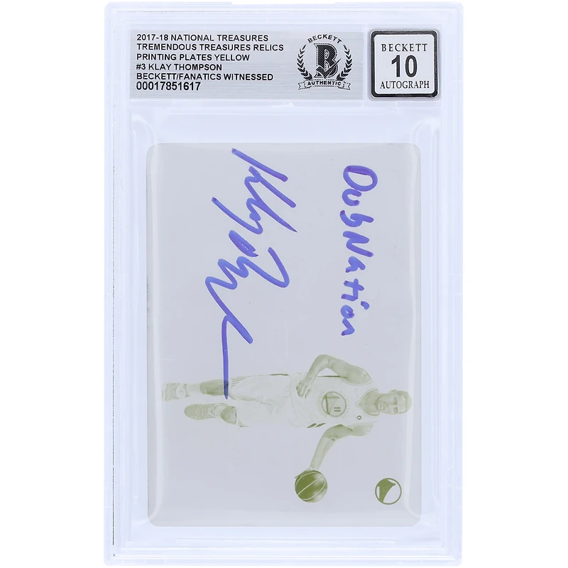 Klay Thompson Golden State Warriors Autographed 2017-18 Panini National Treasures Tremendous Treasures Yellow Printing Plate #TTR-3 #1/1 Beckett Fanatics Witnessed Authenticated 10 Card with "Dub Nation" Inscription