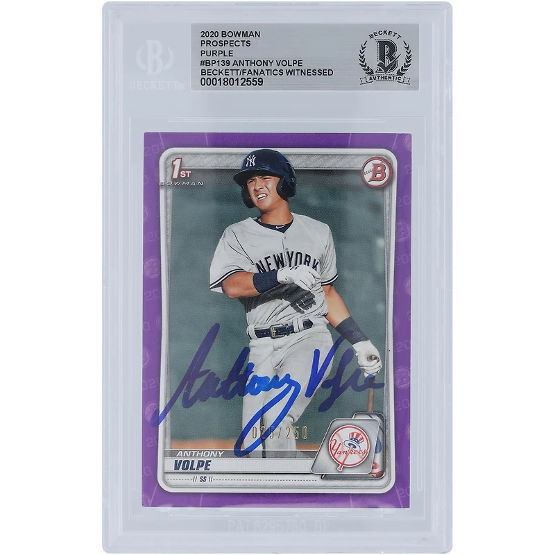 Anthony Volpe New York Yankees Autographed 2020 Bowman Prospects Purple #BP-139 #/250 Beckett Fanatics Witnessed Authenticated Card