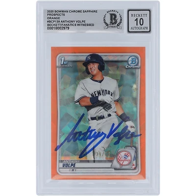 Anthony Volpe New York Yankees Autographed 2020 Bowman Chrome Prospects Sapphire Orange #BCP-139 #/75 Beckett Fanatics Witnessed Authenticated 10 Card
