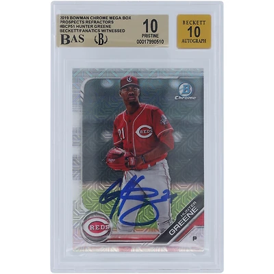 Hunter Greene Cincinnati Reds Autographed 2019 Bowman Chrome Prospects Mega Box Refractor #BCP-51 Beckett Fanatics Witnessed Authenticated 10/10 Card - 9.5,10,10,10 Subgrades